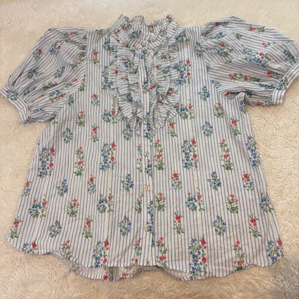 entro X Anthropologie Womens Button Up Top L Preppy Summer Resort Cotton Teacher